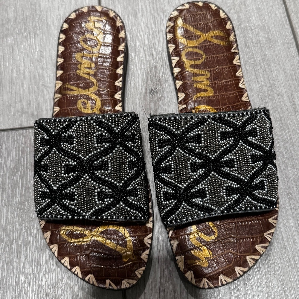 Sam Edelman Black and Gray Beaded Slide Sandals